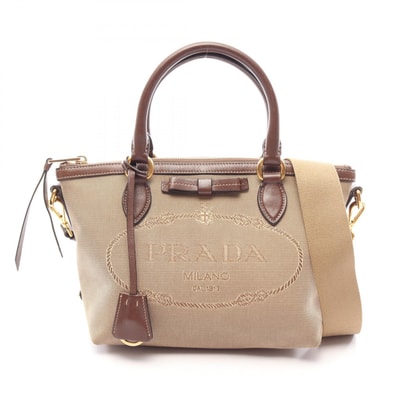 プラダ PRADA LOGO JACQUARD ロゴジャガード 2WAY ハンドバッグ バッグ キャンバス レザー レディース ベージュ系 / ブラウン系 1BA111 【中古】