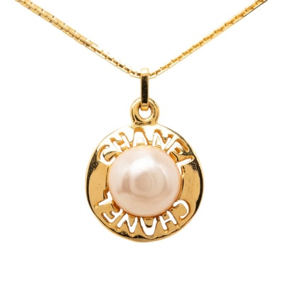 シャネル ロゴ ラウンド ペンダント ネックレス ゴールド メッキ フェイクパール レディース CHANEL 【中古】