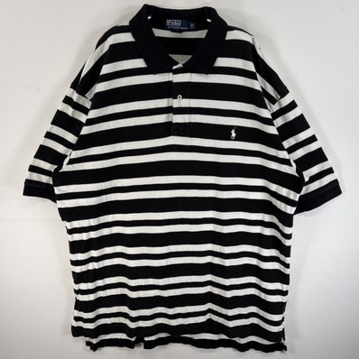 古着 90's/90年代 ポロバイラルフローレン Polo by Ralph Lauren 鹿の子 半袖 ポロシャツ ワンポイント ロゴ 刺繍 2ボタン 大きいサイズ 2XL BIG ブラック系 ボーダー メンズ