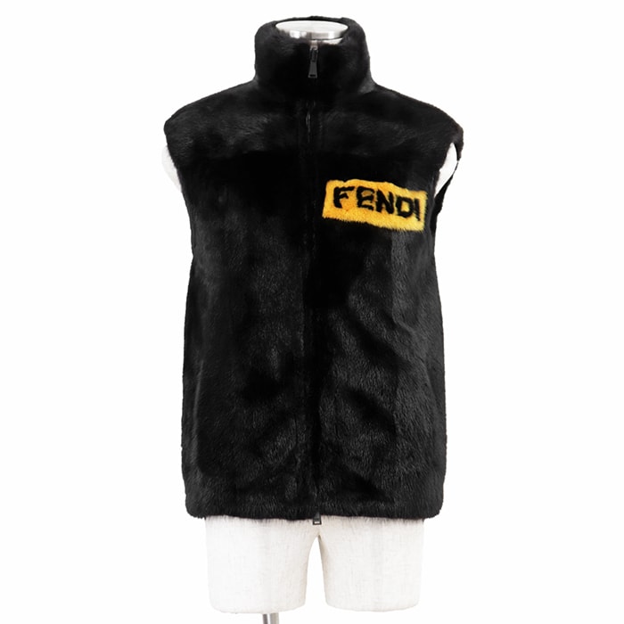 【極美品】FENDI フェンディ ベスト ミンクファー 46 メンズ 2021年製 FF ロゴ モノグラム ニットライニング カシミヤ100% レザー ラムスキン ジップアップ スタンドカラー ジレ アウター タグ付属 ブラック イエロー 黒 黄 イタリア製