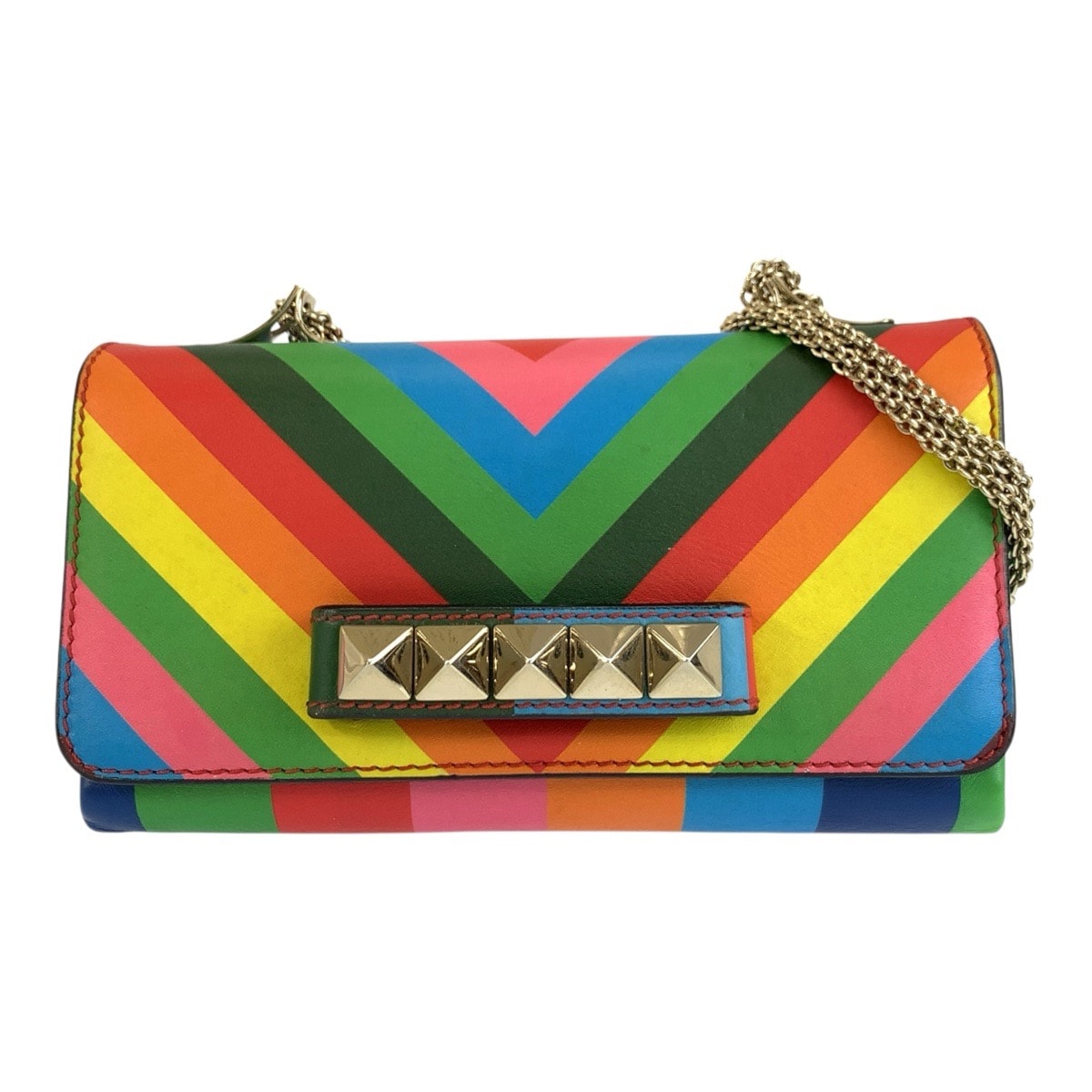 VALENTINO ヴァレンティノ ロックスタッズ マルチカラー ゴールド金具 レザー チェーンショルダーバッグ 1-0289380 【中古】