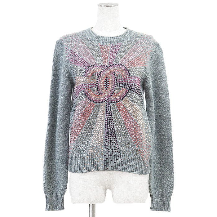 【新品同様】CHANEL シャネル セーター LOOK27 P73896 2022AW レディース 36 COCOマーク ラインストーン カシミヤ100% メランジ ミドルゲージ ニット プルオーバー クルーネック ロングスリーブ 丸首 長袖 ブルーグレー