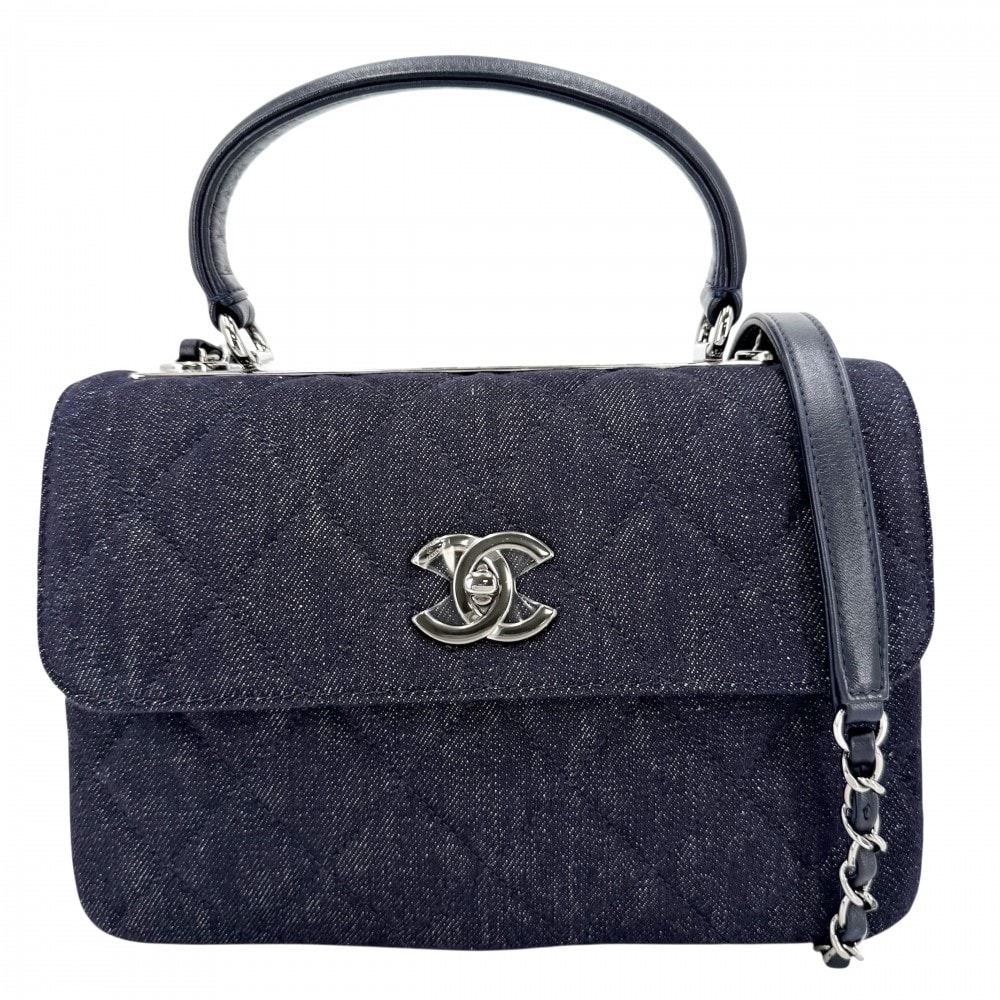 CHANEL シャネル 2WAY マトラッセ ココマーク ハンドバッグ ショルダーバッグ 肩掛け 斜め掛け チェーンショルダー ターンロック デニム  レザー   ネイビー 紺 シルバー金具 レディース 美品【中古品】