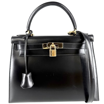 HERMES エルメス 2WAY ケリー28 外縫い ハンドバッグ 肩掛け 斜め掛け ショルダーバッグ V刻印 レザー ブラック 黒 ゴールド金具 レディース 1966年【中古品】