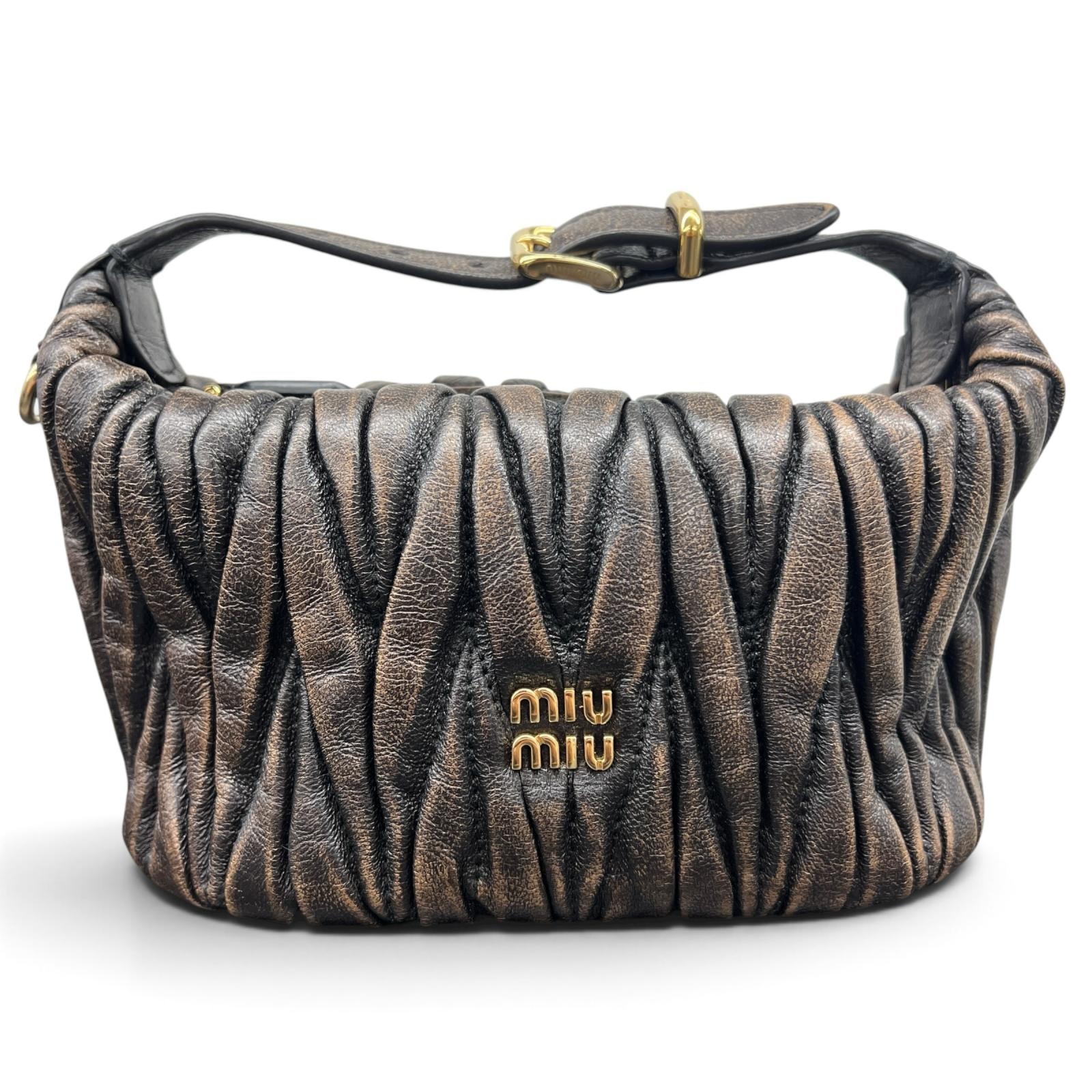 miumiu 極美品 ミュウミュウ マテラッセ ミニバッグ ヴィンテージ加工 2way ハンドバッグ 5BP100 ICチップ確認済 レザー ブラウン カヌレ ポーチ Aランク 中古 鑑定済 ミュウミュウバッグ