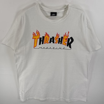 古着 スラッシャー THRASHER 半袖Tシャツ ラバーロゴプリント ファイヤーデザイン スケボー L ホワイト系 メンズ