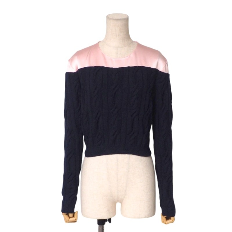 Christian Dior クリスチャンディオール ニット サイズ42 クロップド トップス 異素材切替 ウール シルク ネイビー / ピンク イタリア製 ブランド古着【中古】20250313/RA3723