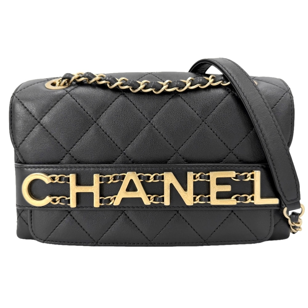 CHANEL シャネル ショルダーバッグ マトラッセ ロゴ ダブルチェーン 肩掛け 斜め掛け レザー    ブラック 黒 ゴールド金具 レディース【中古品】