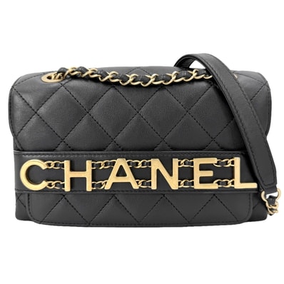 CHANEL シャネル ショルダーバッグ マトラッセ ロゴ ダブルチェーン 肩掛け 斜め掛け レザー ブラック 黒 ゴールド金具 レディース【中古品】