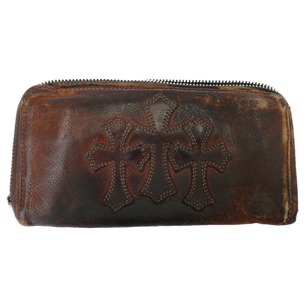 Chrome Hearts REC F ZIP 3 Cemetery Cross Patch Round Fastener Wallet "Dark Brown"