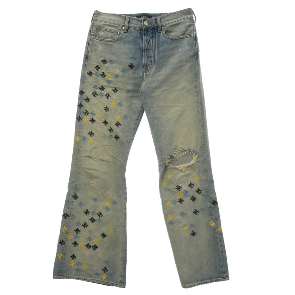 AMIRI アミリ 25SS SRAMDNFR1015 MA QUAD EMBROIDERED FLARE IND ロゴ 刺繍 フレア ダメージ デニム パンツ インディゴブルー系 31【中古】