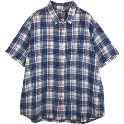 古着 エルエルビーン L.L.Bean チェック柄 半袖 リネン ボタンダウンシャツ メンズXL相当/eaa614519