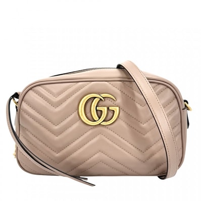 GUCCI グッチ ショルダーバッグ GGマーモント スモール カメラバッグ キルティング 肩掛け 斜め掛け 447632 レザー ピンクベージュ ゴールド金具 レディース 美品【中古品】