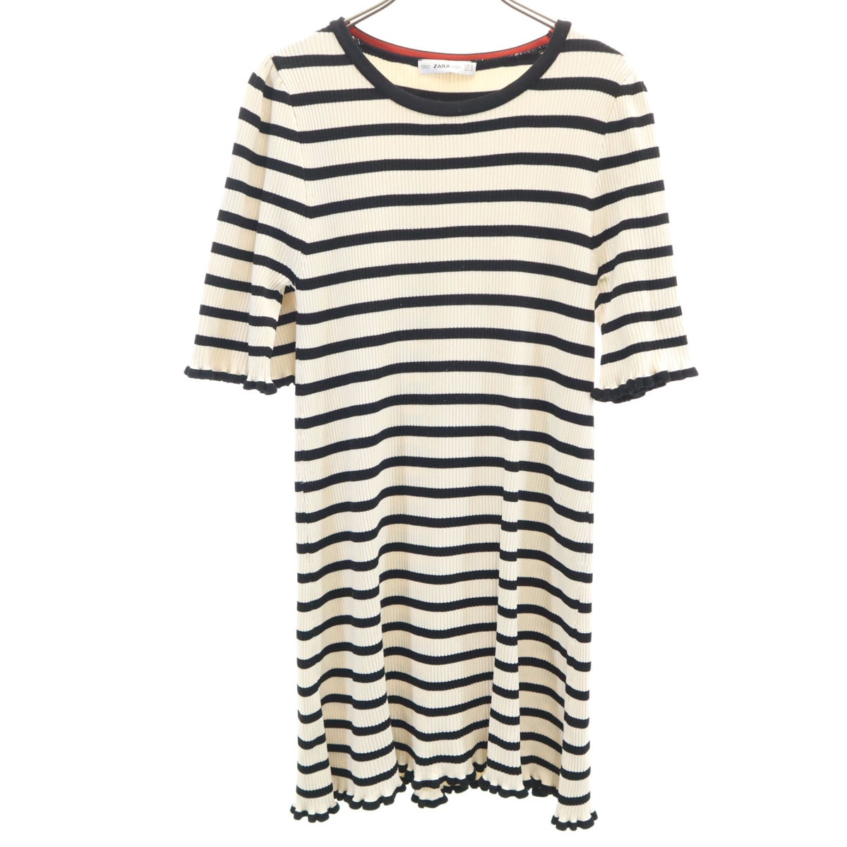 ZARA KNIT ザラニット ナイロン ボーダー 半袖 膝丈ワンピース M オフホワイト系