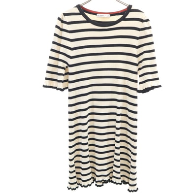 ZARA KNIT ザラニット ナイロン ボーダー 半袖 膝丈ワンピース M オフホワイト系