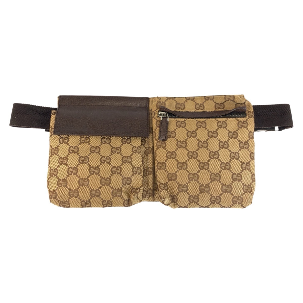 GUCCI グッチ ベージュ ブラウン シルバー金具 GGキャンバス レザー/ ボディバッグ ウエストバッグ バムバッグ 600664 【中古】
