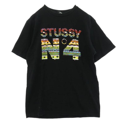 STUSSY ステューシー 90s OLD USA製 No.4 ラスタカラー ロゴ プリント Tシャツ 半袖 カットソー ブラック系 S【中古】