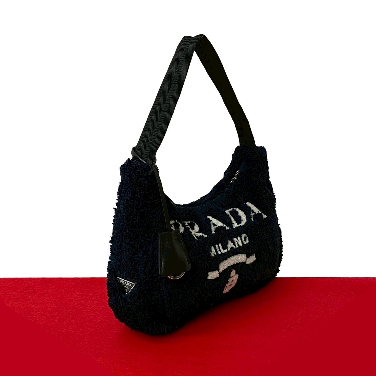 PRADA プラダ テリー ミニ Re-Edition 三角ロゴ 金具 パイル ハンドバッグ ブラック
 65044
