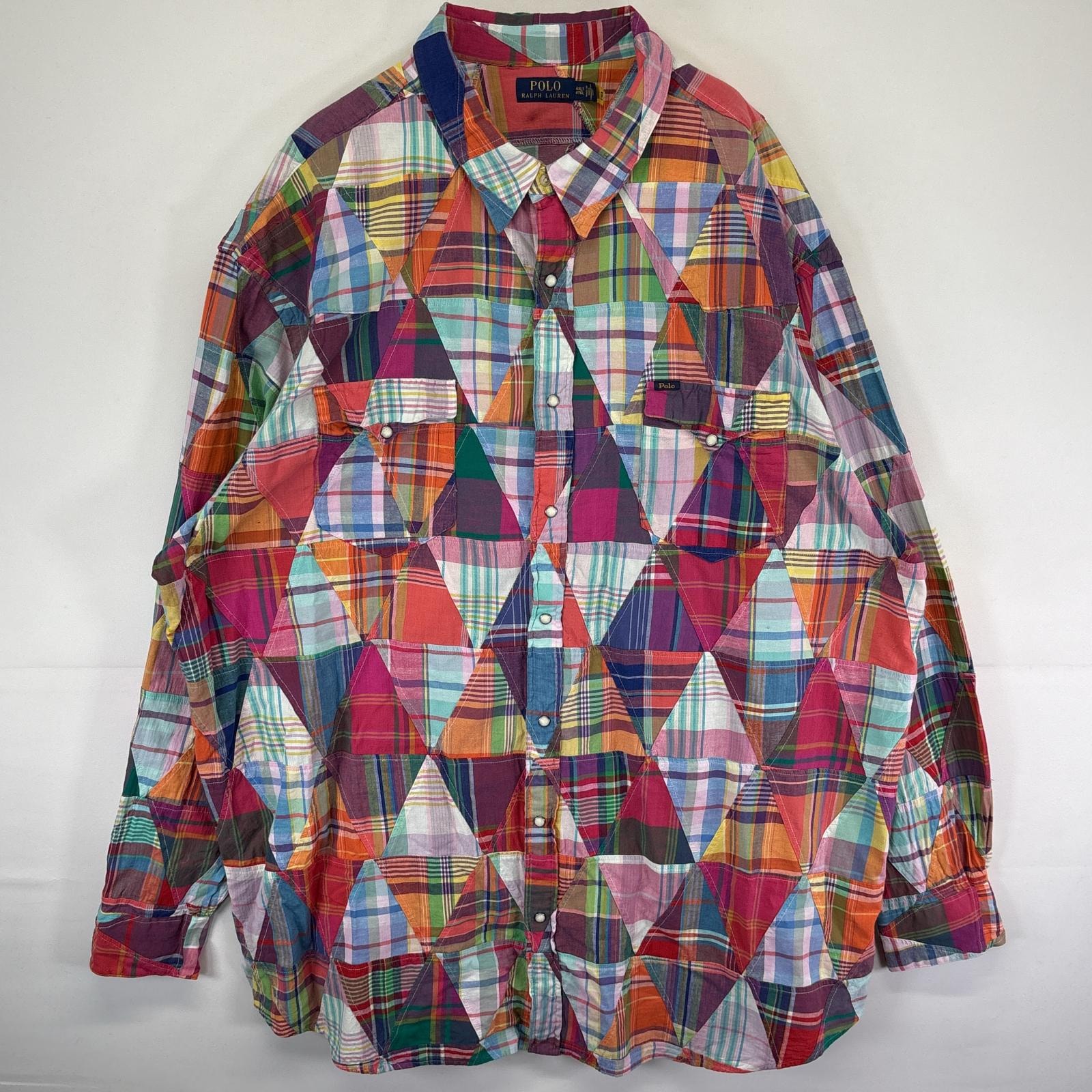 古着 ポロ・ラルフローレン POLO RALPH LAUREN 長袖シャツ パッチワーク ウェスタンシャツ 大きいサイズ チェック ガーゼ 4XL マルチカラー メンズ