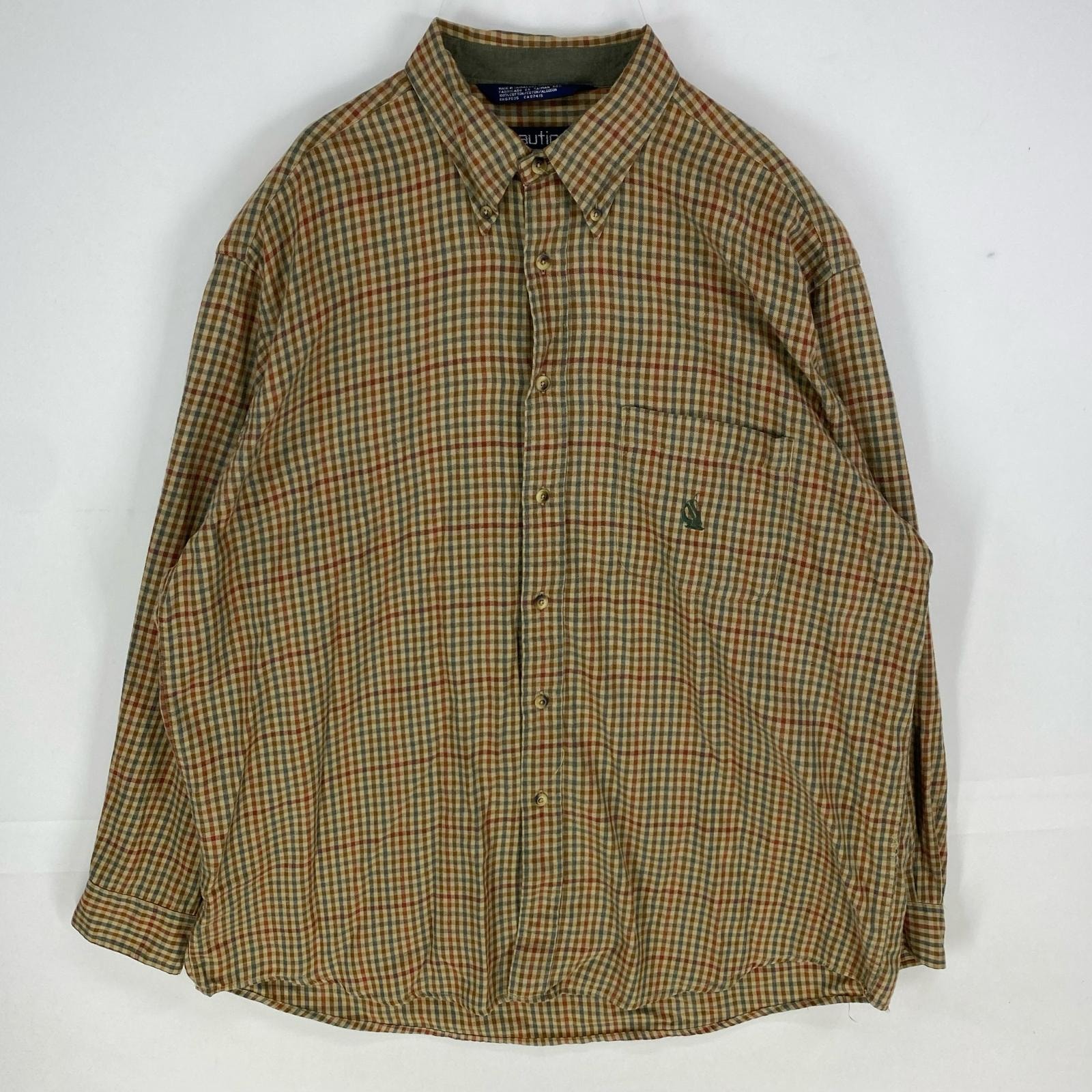 古着 90's/90年代 ノーティカ NAUTICA 長袖シャツ ボタンダウン 刺繍 ロングスリーブ ワンポイント XL ブラウン系 チェック メンズ