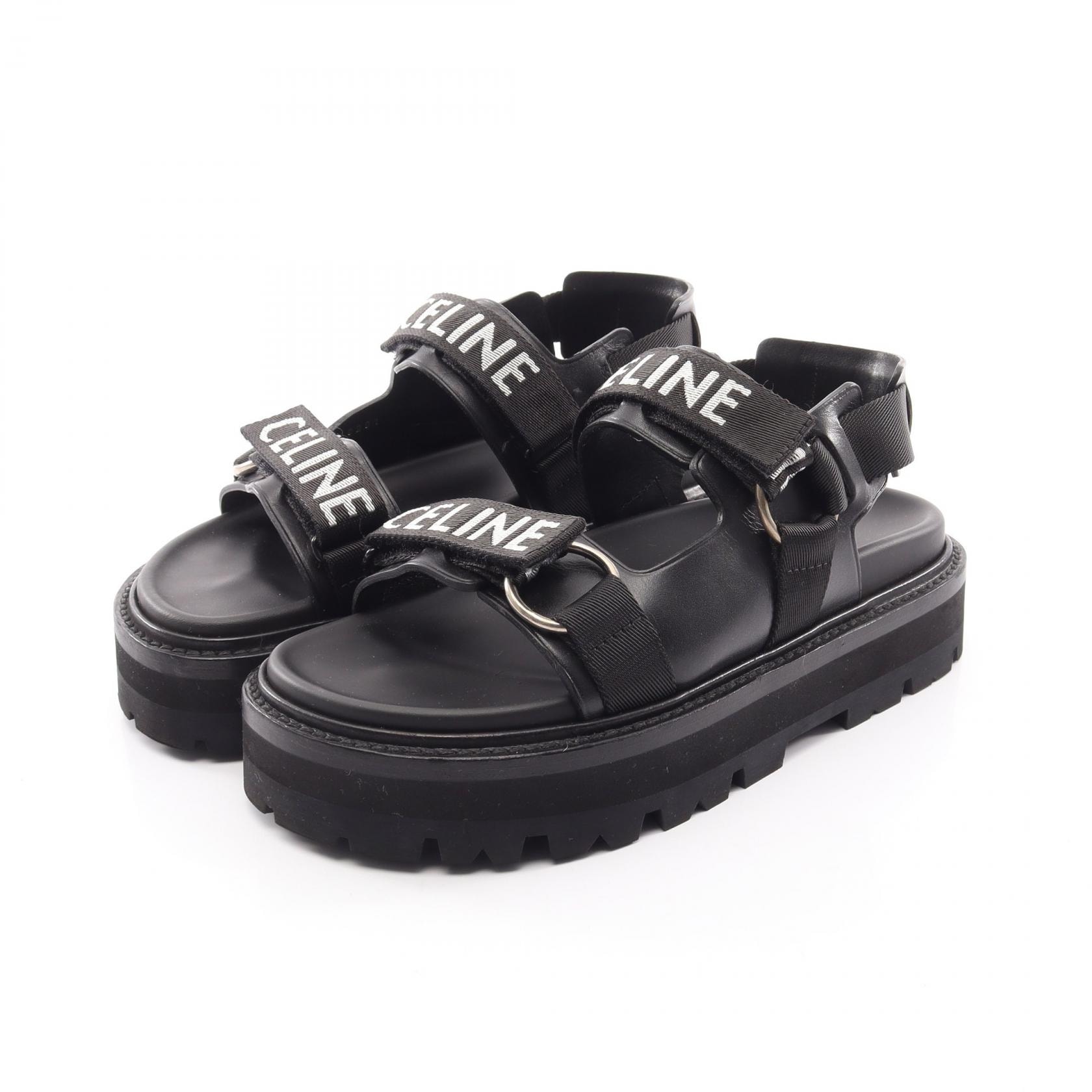 セリーヌ CELINE バルキー ロゴストラップ サンダル 靴 レザー レディース ブラック系 【中古】