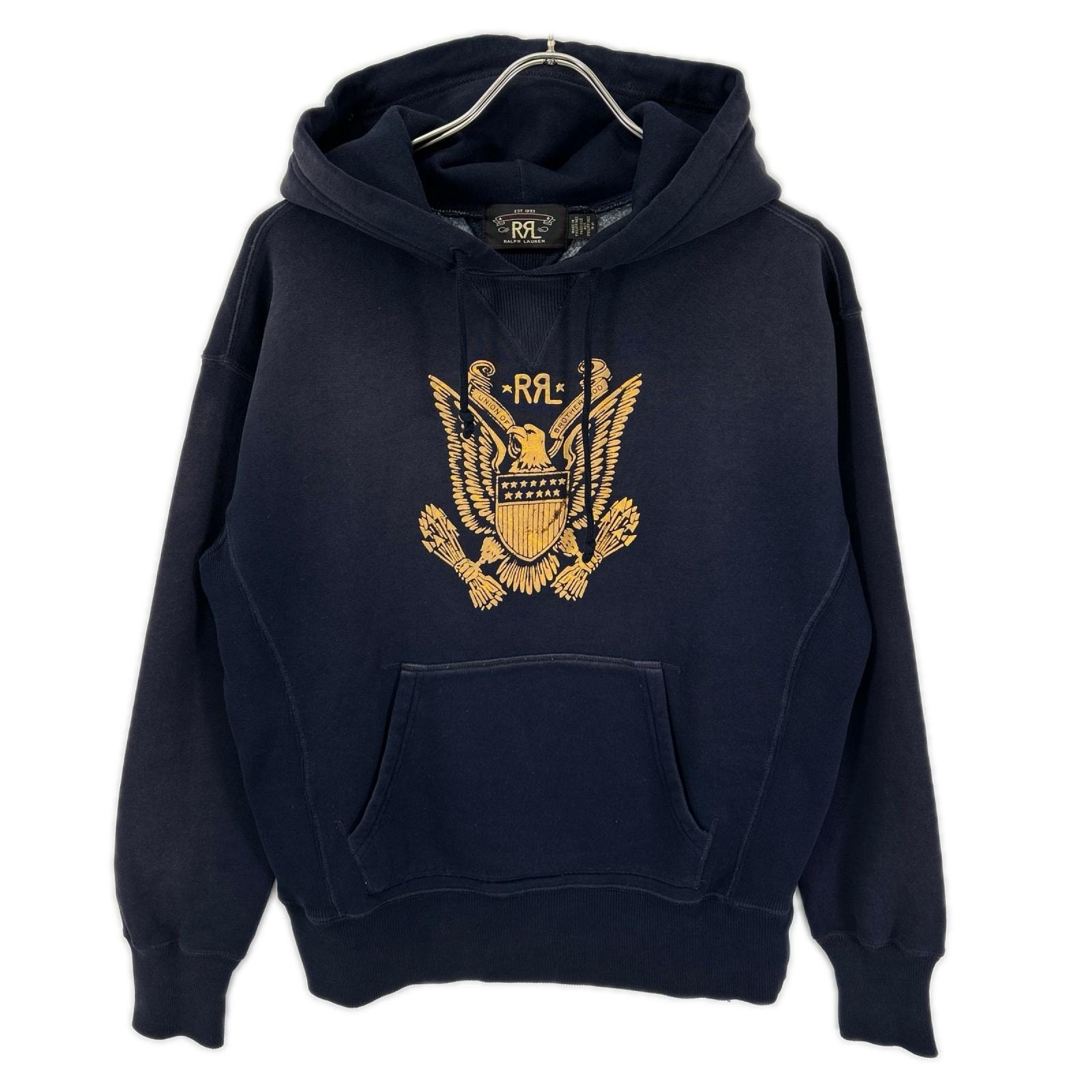 ダブルアールエル 782857099001 ネイビー コットン ユーズド加工 両Vガゼット イーグルクレスト グラフィックフーディ S