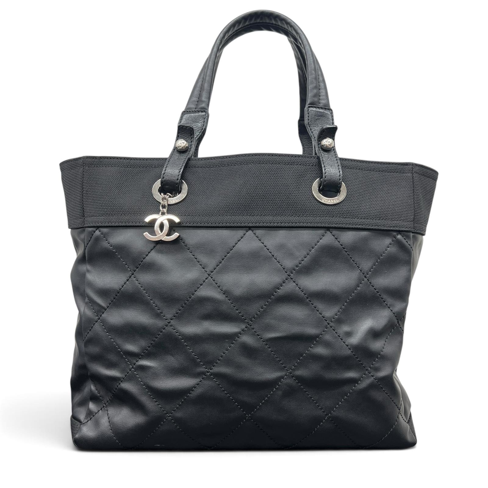 CHANEL 極美品 シャネル パリビアリッツMM A34209 トートバッグ コーティングキャンバス レザー ナイロン 14番台シリアル ハンドバッグ 肩掛け シルバー金具 ココマーク Aランク 鑑定済 中古 シャネルバッグ