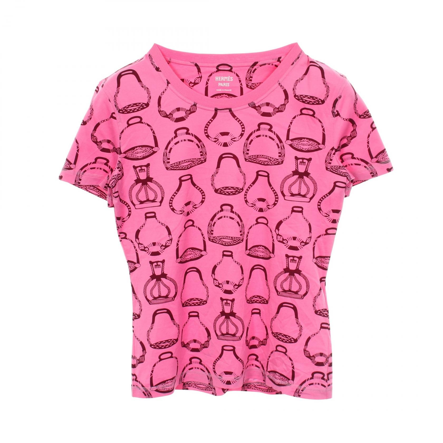 エルメス HERMES FANTAISIE D'ETRIER 半袖Tシャツ 衣料品 トップス コットン ピンク レディース ピンク系 / ボルドー系 【中古】