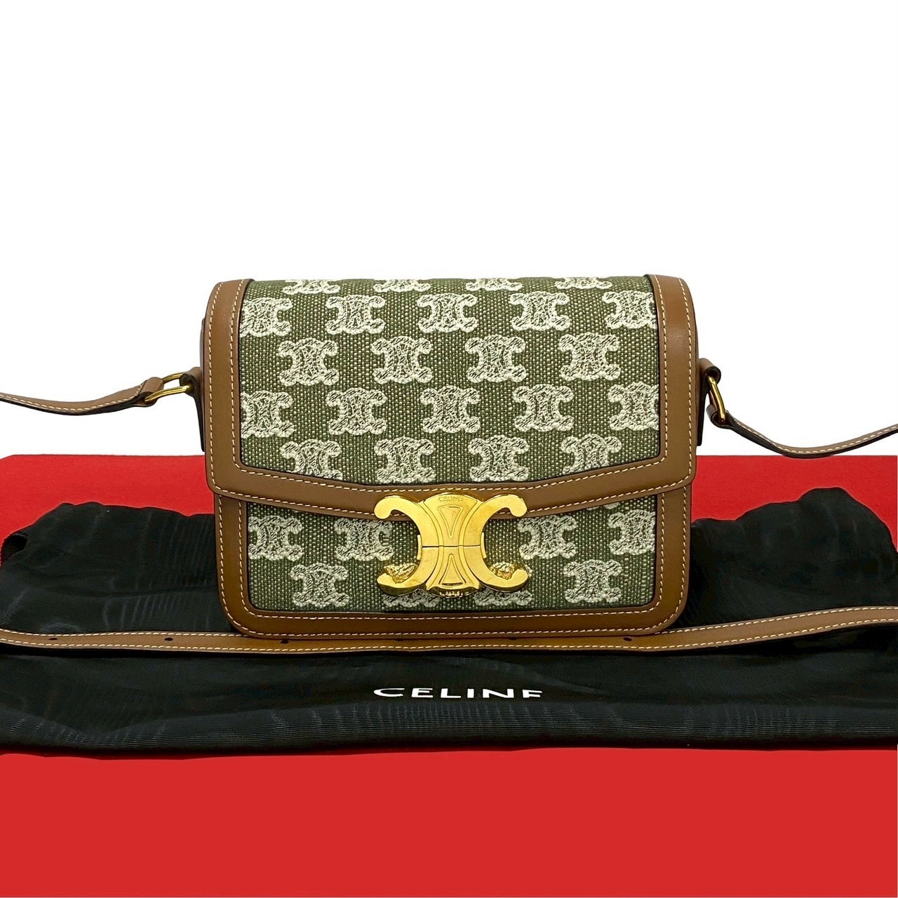 CELINE セリーヌ ティーントリオンフ ロゴ 金具 レザー キャンバス ショルダーバッグ ブラウン
 37173