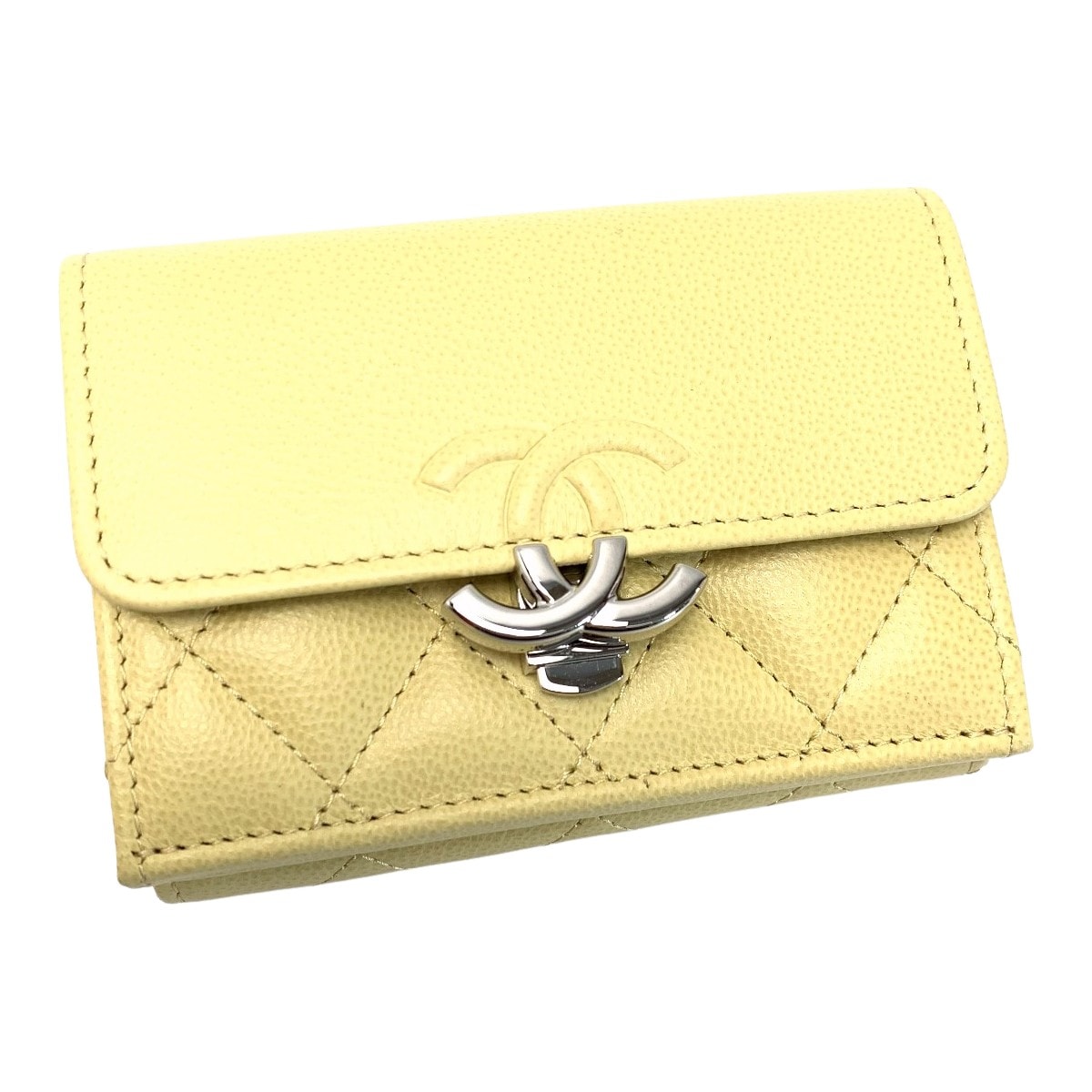 ☆☆CHANEL シャネル ココマーク キャビアスキン スモールフラップウォレット AP1175 イエロー 3つ折り財布  レディース