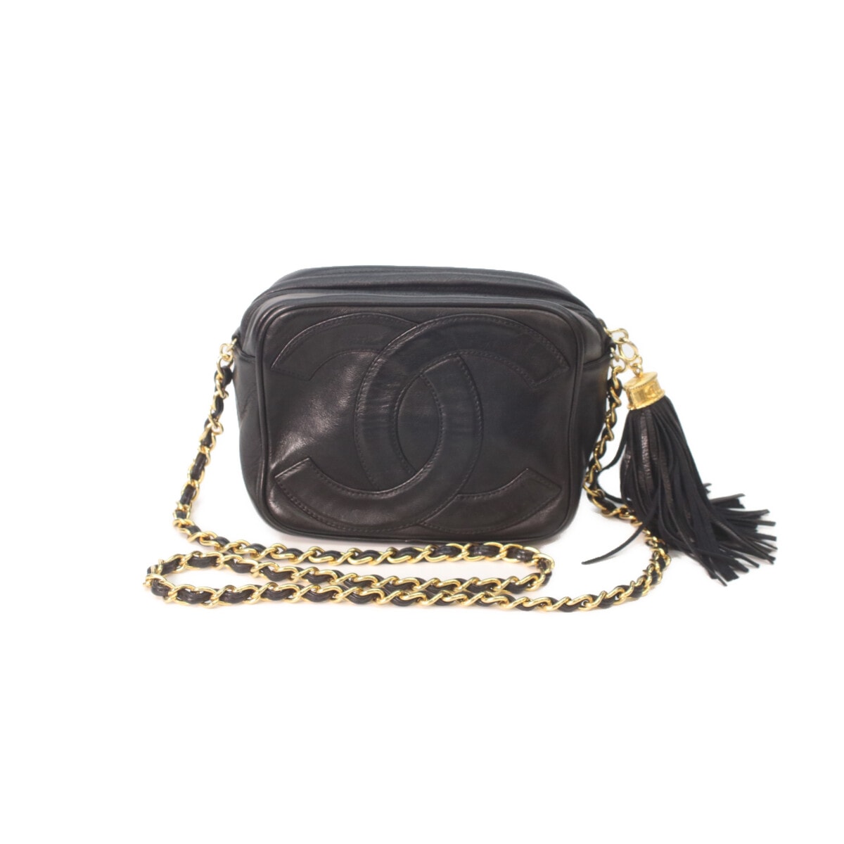 シャネル 0番 ブラック ラムスキン ゴールド金具 ココマーク フリンジ ミニショルダーバッグ W15