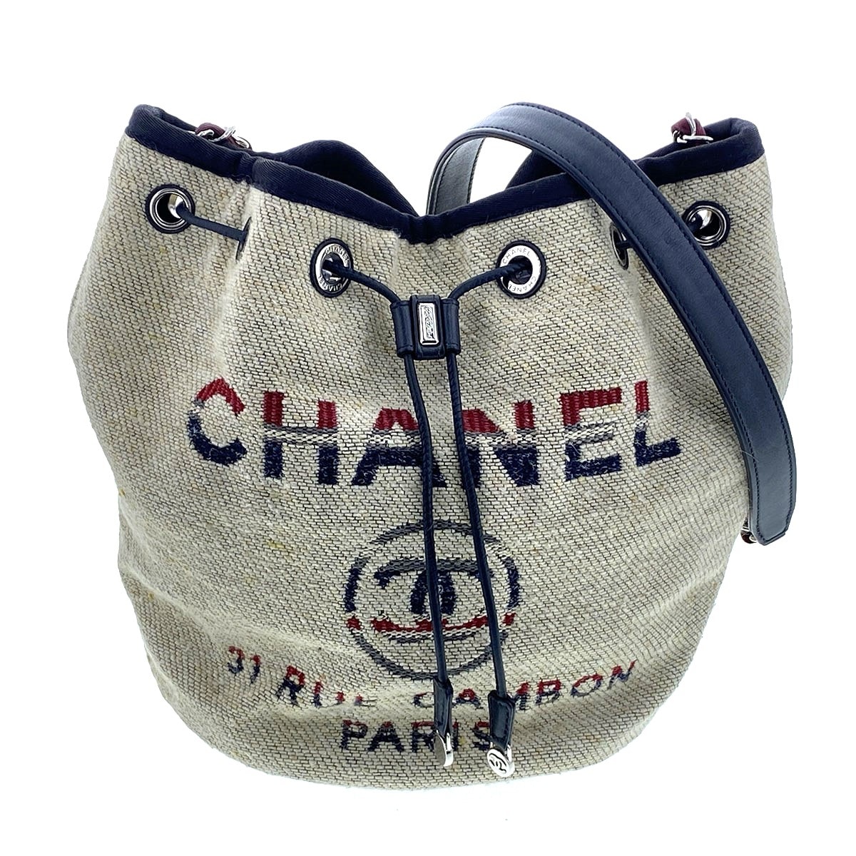 CHANEL シャネル ドーヴィル チェーン ショルダーバッグ 巾着 A57536 26番台 ストロー レザー マルチカラー ネイビー ボルドー  レディース【中古】