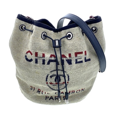 CHANEL シャネル ドーヴィル チェーン ショルダーバッグ 巾着 A57536 26番台 ストロー レザー マルチカラー ネイビー ボルドー レディース【中古】