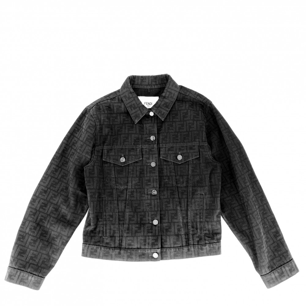 FENDI フェンディ デニムジャケット ズッカ 総柄 アウター ロゴ アパレル 服 38 ブラック 黒 シルバー金具 コットン    レディース 秋 冬【中古品】
