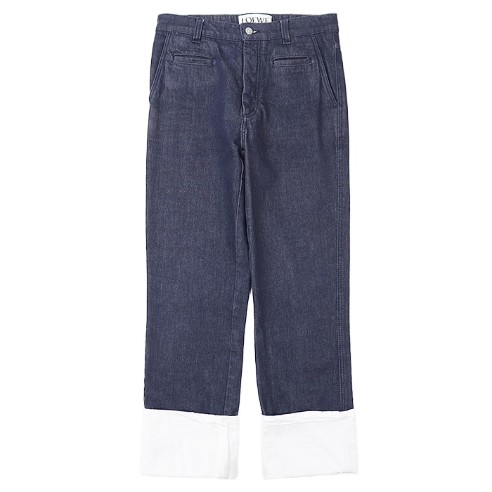 【SALE】LOEWE ロエベ フィッシャーマンデニムパンツ シグネチャー ロゴ レザーパッチ コントラストデザイン ボタンフライ ストレートシルエット ノンストレッチ ロールアップ ジーンズ ボトムス レディース サイズ 36 インディゴ ルーマニア製