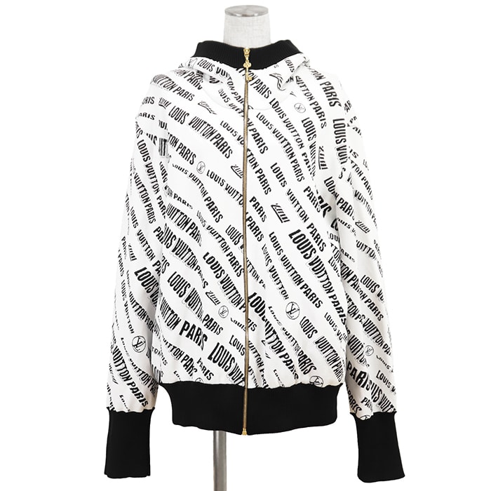 【新品同様】LOUIS VUITTON ルイ・ヴィトン スランティドシグネチャーパーカー サイズ XXL レディース 2021AW ロゴ 総柄 ジャガード ストレッチ ジップアップ フーディー トップス ホワイト ブラック 黒 白 イタリア製
