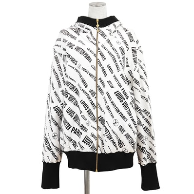【新品同様】LOUIS VUITTON ルイ・ヴィトン スランティドシグネチャーパーカー サイズ XXL レディース 2021AW ロゴ 総柄 ジャガード ストレッチ ジップアップ フーディー トップス ホワイト ブラック 黒 白 イタリア製