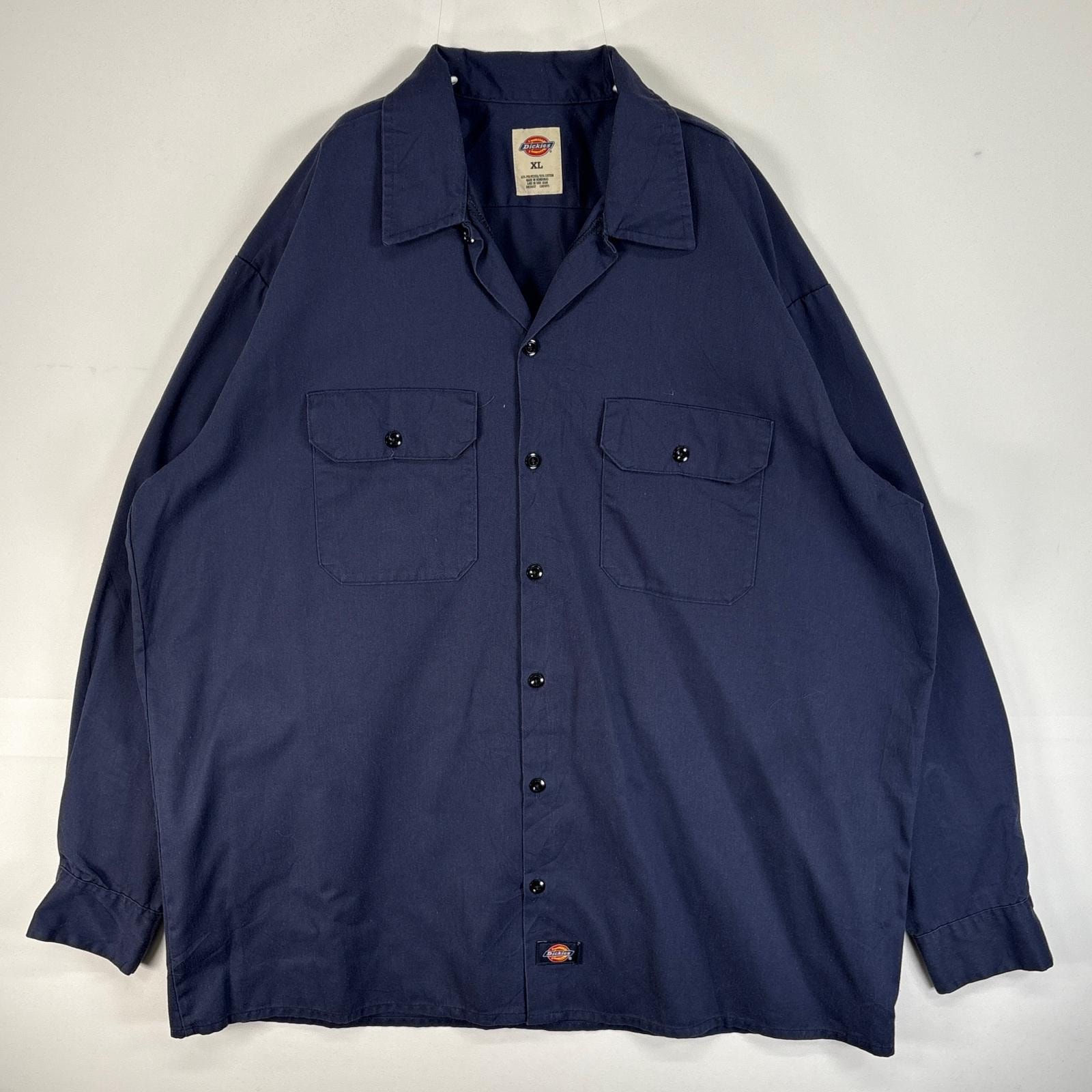 古着 ディッキーズ Dickies 長袖シャツ ワーク フラップポケ 作業着 大きいサイズ ワンポイント ロゴ XL  ネイビー 無地 メンズ