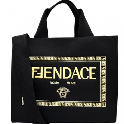 VERSACE ヴェルサーチ 2WAY FENDACE フェンダーチェ フェンディコラボ ハンドバッグ 肩掛け トートバッグ メデューサ 8BH395 キャンバス ブラック 黒 ゴールド ゴールド金具 レディース【中古品】