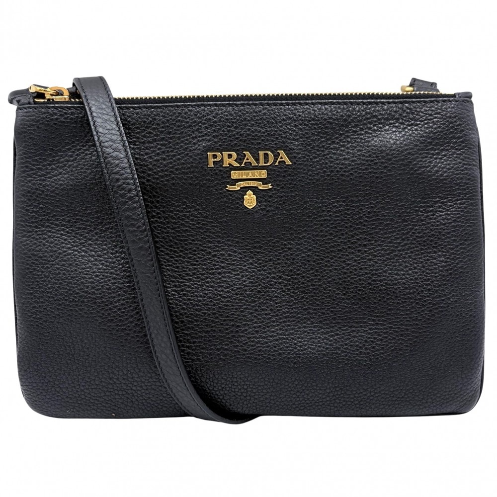PRADA プラダ ショルダーバッグ 肩掛け 斜め掛け メンズ レディース 男女兼用 1BH013 レザー    ブラック 黒 ゴールド金具 ユニセックス【中古品】