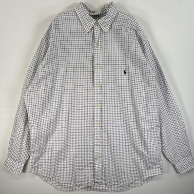 古着 ラルフローレン RALPH LAUREN 長袖シャツ チェック 大きいサイズ 薄手 ロゴ 刺繍 ボタンダウンシャツ XLT ホワイト系 マルチカラー メンズ