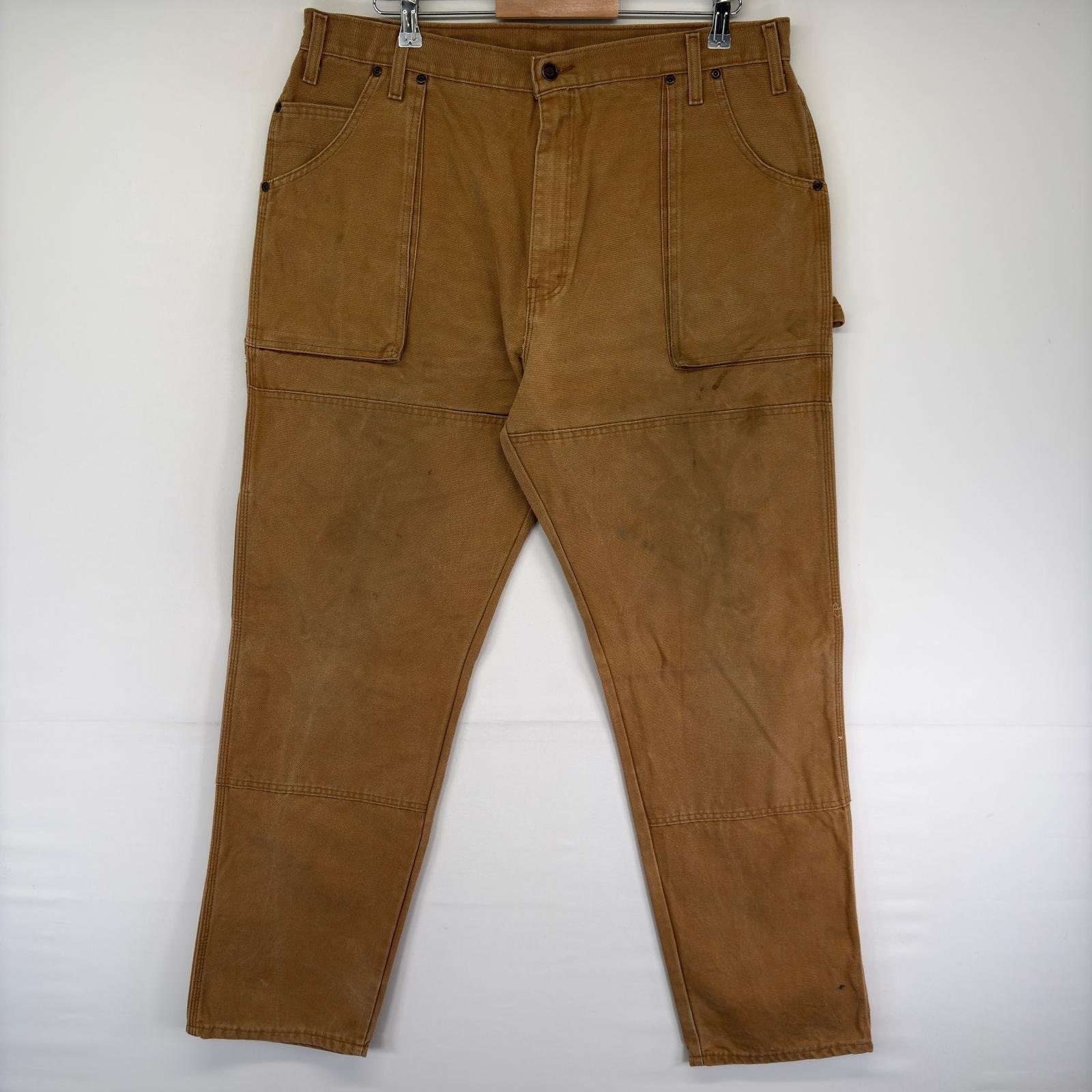 古着 ディッキーズ Dickies ダック パンツ ペインター ダブルニー ワンポイントロゴ ジップ w40 L34  ブラウン系 メンズ