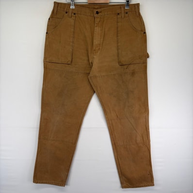 古着 ディッキーズ Dickies ダック パンツ ペインター ダブルニー ワンポイントロゴ ジップ w40 L34 ブラウン系 メンズ