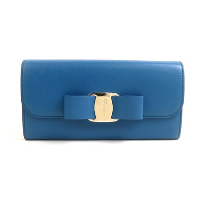 サルヴァトーレフェラガモ Salvatore Ferragamo 長財布 ヴァラリボン レザー ブルー ゴールド レディース【中古】 e60813a