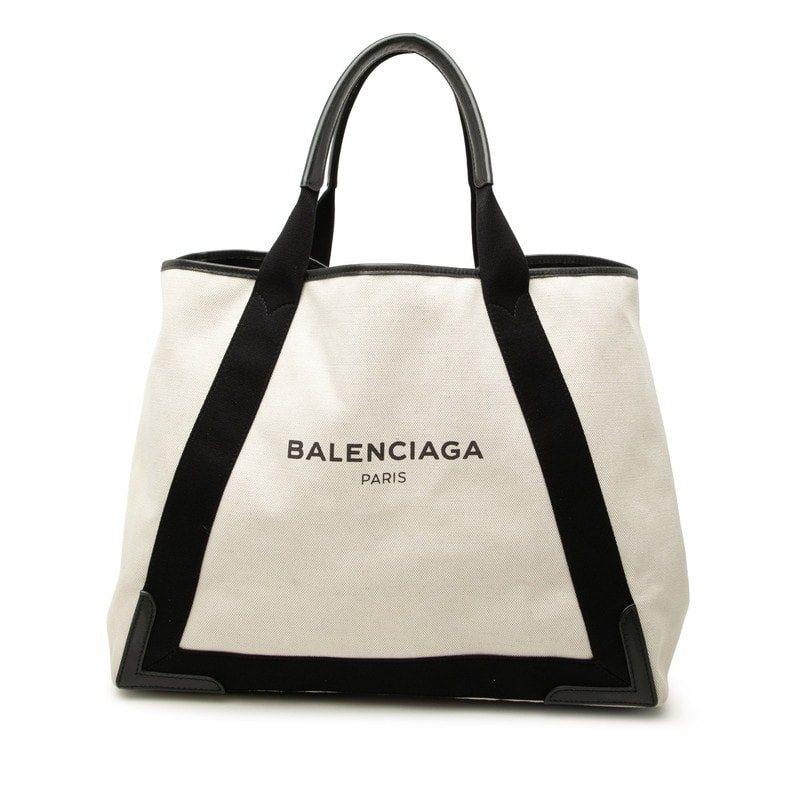 バレンシアガ ネイビーカバスM ハンドバッグ トートバッグ 339936 アイボリー ブラック キャンバス レザー レディース BALENCIAGA 中古