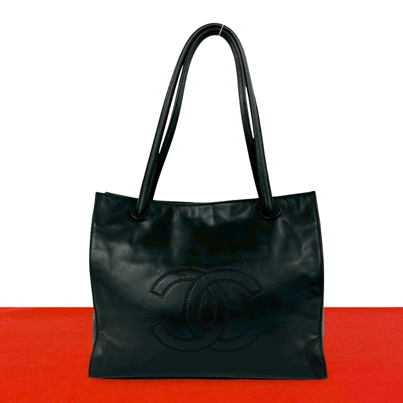 CHANEL シャネル トートバッグ ココマーク ラムスキン ブラック A4対応 B (目立った傷や汚れなし)】CHANEL シャネル ココマーク ラムスキン