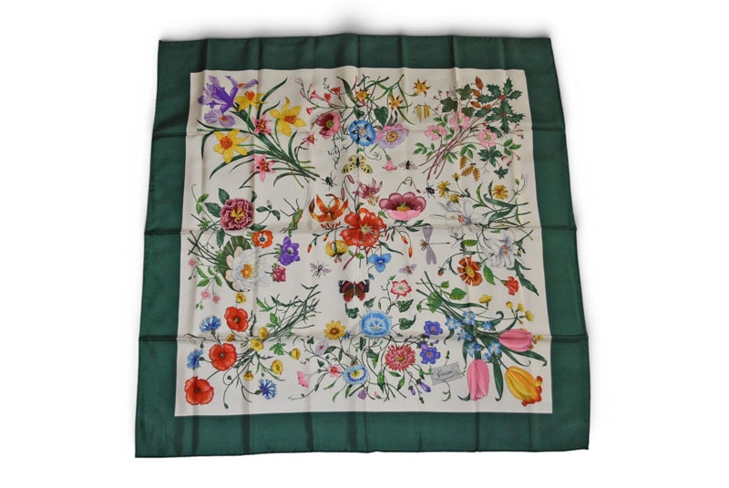 グッチ スカーフ GUCCI ヴィンテージ 大判スカーフ フローラプリント/フラワー柄 グリーンマルチ【中古】