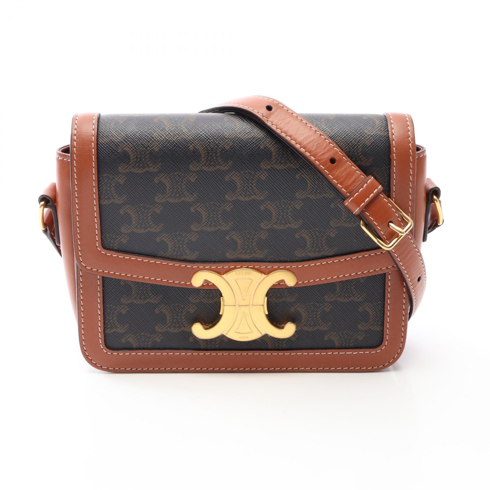 セリーヌ CELINE ティーン トリオンフ ショルダーバッグ バッグ PVCコーティングキャンバス レザー レディース ブラック系 / ブラウン系 【中古】