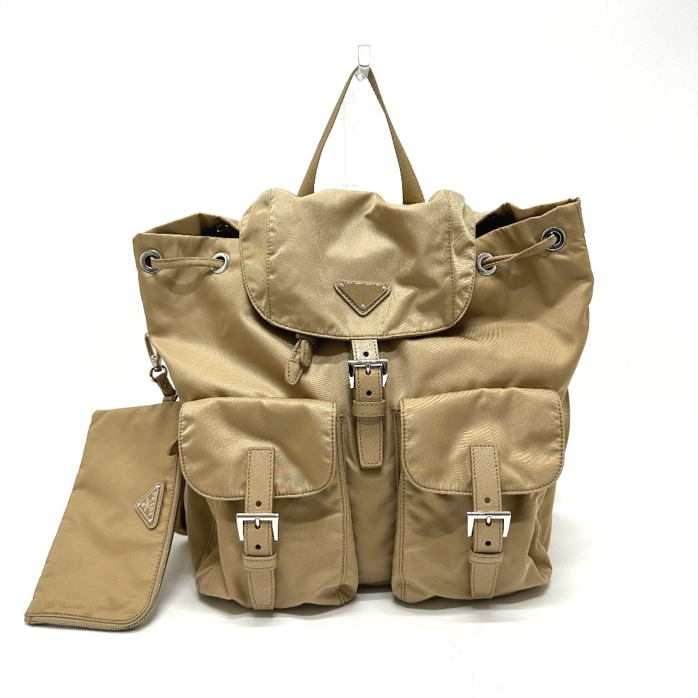 プラダ PRADA トライアングルロゴ 1BZ811 Wポケット ポーチ付 デイパック バックパック リュックサック ナイロン ベージュ