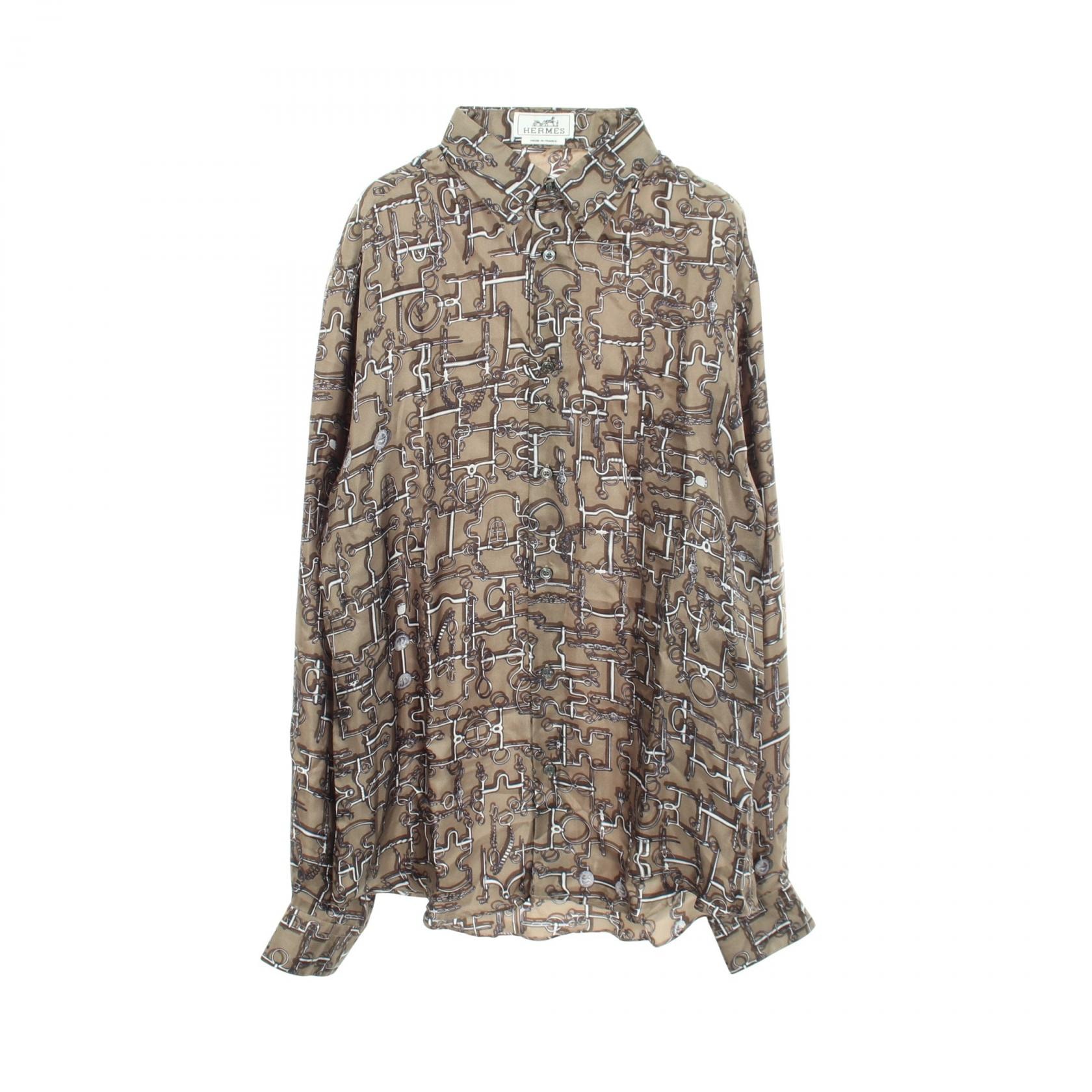 エルメス HERMES 馬具柄 長袖 衣料品 トップス シルク シルク メンズ カーキ系 / グレー系 【中古】